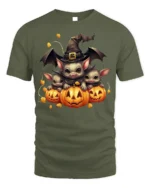 Cute Bat Family Pumpkin Witch Halloween Graphic Tshirt - military green t-shirt on white background