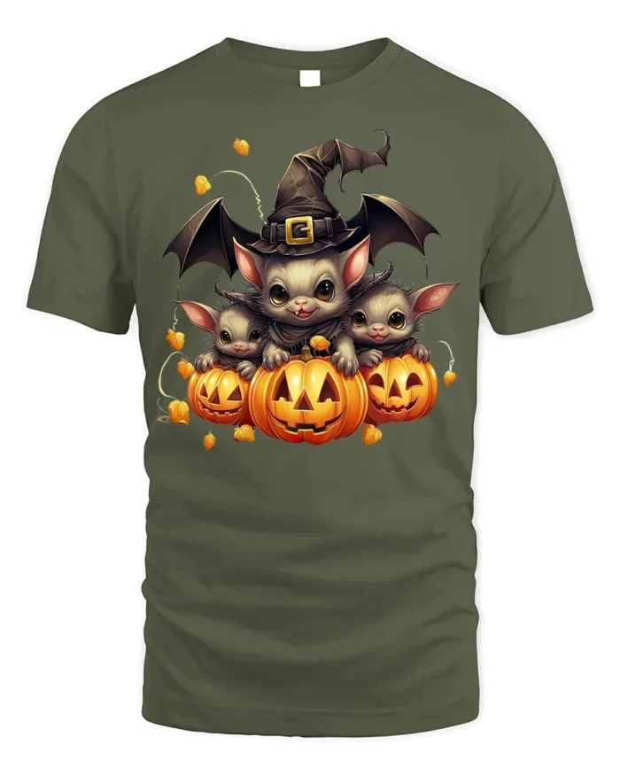 Cute Bat Family Pumpkin Witch Halloween Graphic Tshirt - military green t-shirt on white background