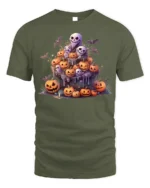 Ghost Pumpkin Pile Haunted Night Halloween Graphic Tshirt - military green t-shirt on white background