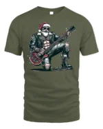 Rockstar Santa Guitar Christmas Holiday Graphic Tshirt - military green t-shirt on white background