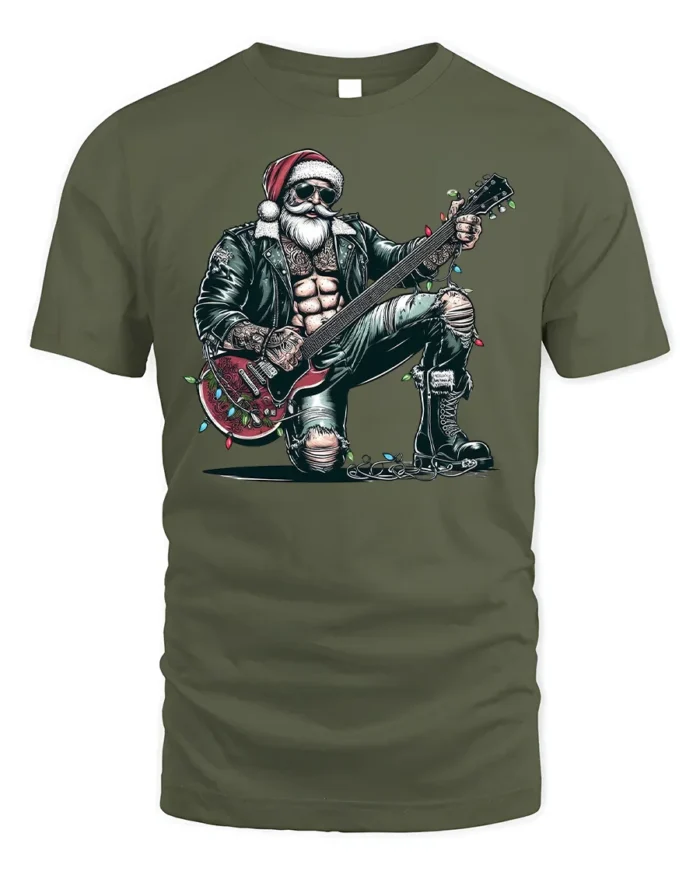 Rockstar Santa Guitar Christmas Holiday Graphic Tshirt - military green t-shirt on white background