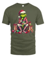 Grumpy Green Santa Christmas Gifts Funny Graphic Tshirt - military green t-shirt on white background
