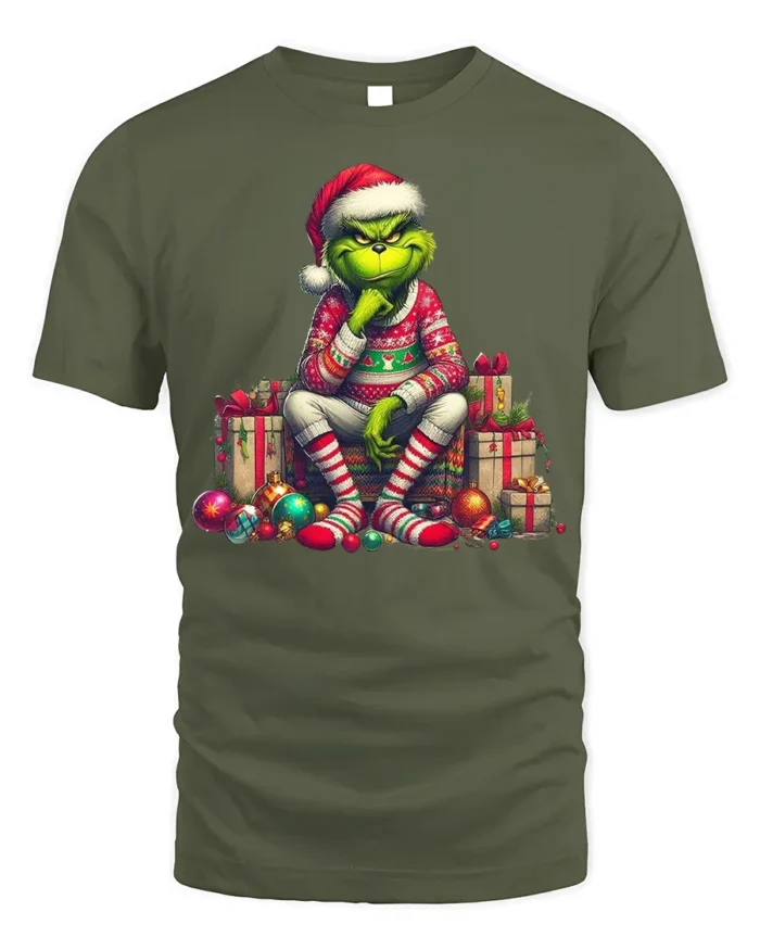Grumpy Green Santa Christmas Gifts Funny Graphic Tshirt - military green t-shirt on white background