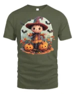 Cute Pumpkin Witch Scarecrow Halloween Graphic Tshirt - military green t-shirt on white background