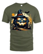 Wicked Pumpkin Witch Moonlight Halloween Graphic Tshirt - military green t-shirt on white background