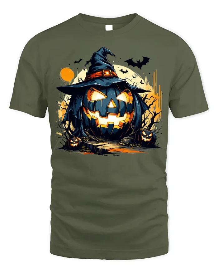Wicked Pumpkin Witch Moonlight Halloween Graphic Tshirt - military green t-shirt on white background