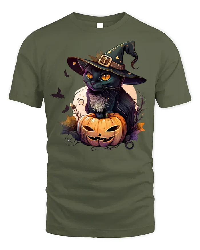 Black Cat Witch Pumpkin Halloween Graphic Tshirt - military green t-shirt on white background