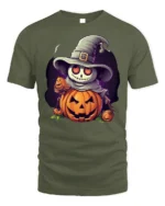 Smiling Pumpkin Skeleton Witch Halloween Graphic Tshirt - military green t-shirt on white background