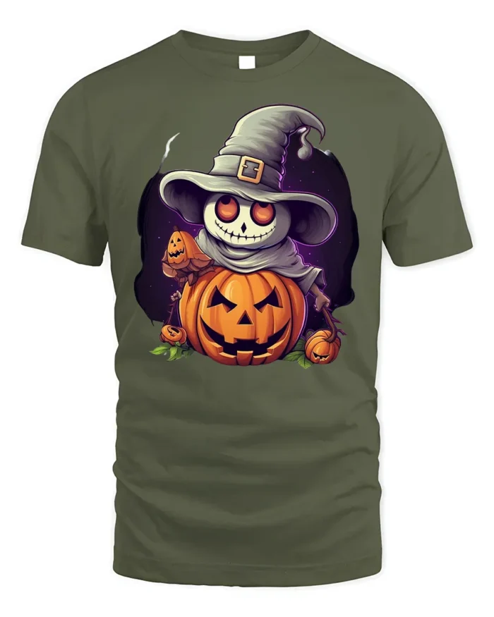 Smiling Pumpkin Skeleton Witch Halloween Graphic Tshirt - military green t-shirt on white background