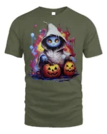 Hooded Ghost Pumpkin Glow Halloween Graphic Tshirt - military green t-shirt on white background