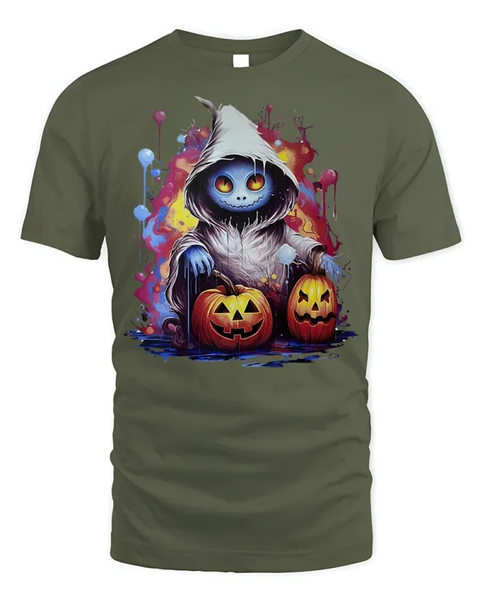 Hooded Ghost Pumpkin Glow Halloween Graphic Tshirt - military green t-shirt on white background