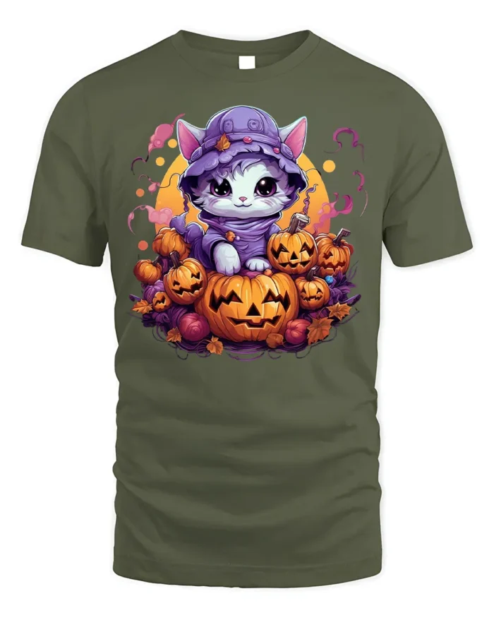 Adorable Kitten Pumpkin Pile Halloween Graphic Tshirt - military green t-shirt on white background