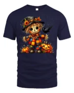 Colorful Patchwork Scarecrow Halloween Graphic Tshirt - navy t-shirt on white background