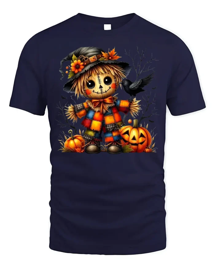 Colorful Patchwork Scarecrow Halloween Graphic Tshirt - navy t-shirt on white background