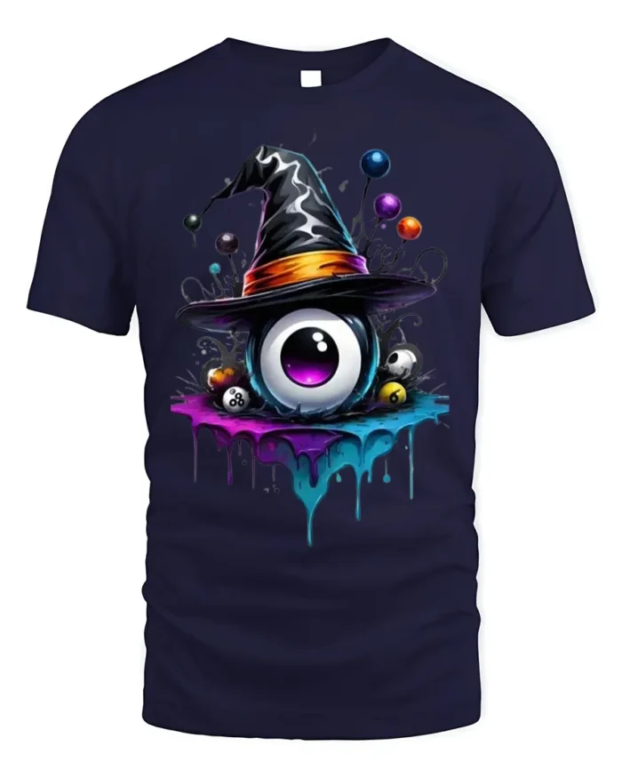 Witch Hat Eyeball Splash Creepy Halloween Graphic Tshirt - navy t-shirt on white background