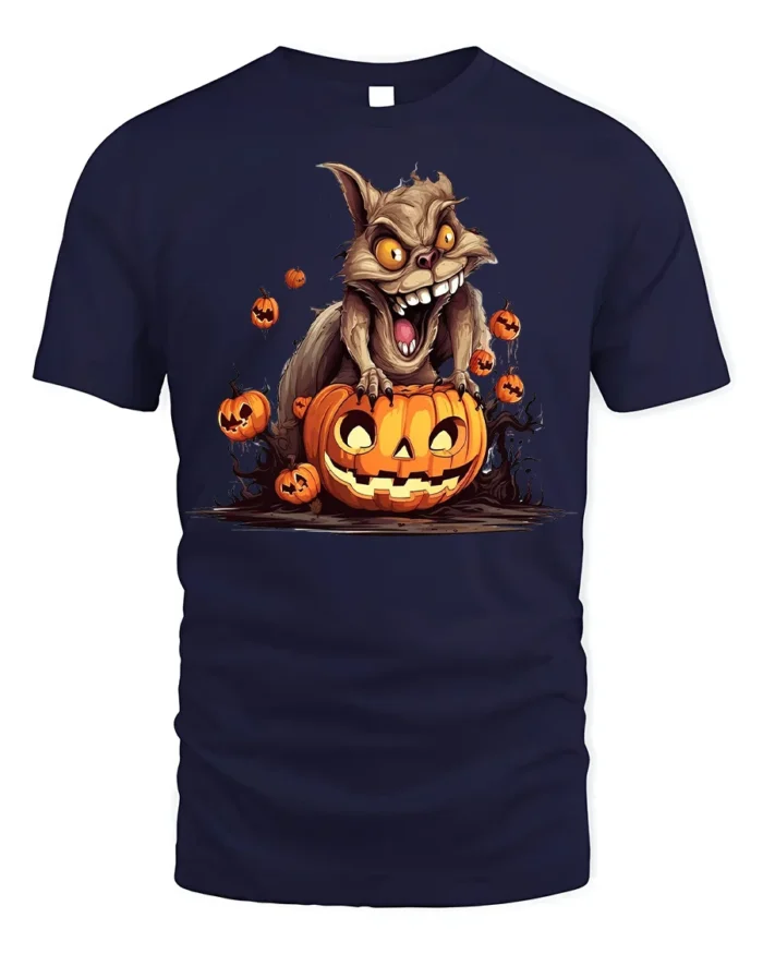 Crazy Squirrel Pumpkin Attack Halloween Graphic Tshirt - navy t-shirt on white background