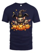 Cute Bat Family Pumpkin Witch Halloween Graphic Tshirt - navy t-shirt on white background