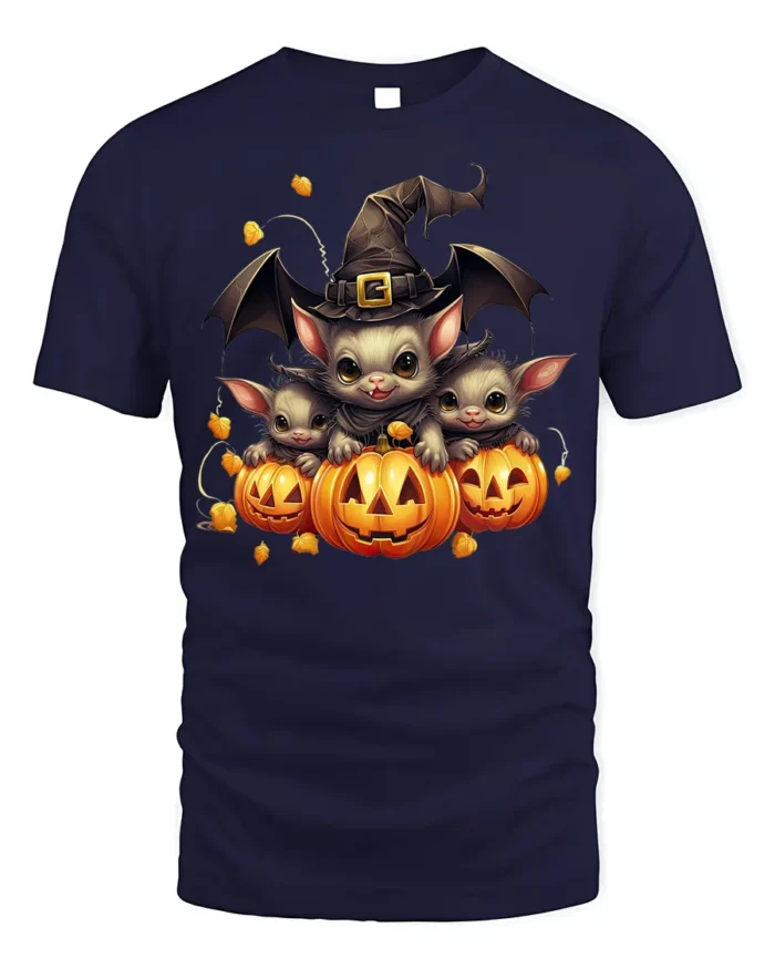 Cute Bat Family Pumpkin Witch Halloween Graphic Tshirt - navy t-shirt on white background