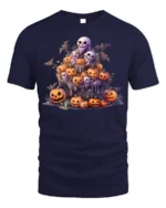 Ghost Pumpkin Pile Haunted Night Halloween Graphic Tshirt - navy t-shirt on white background