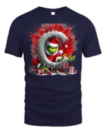 Mischief Green Santa Christmas Naughty Graphic Tshirt - navy t-shirt on white background