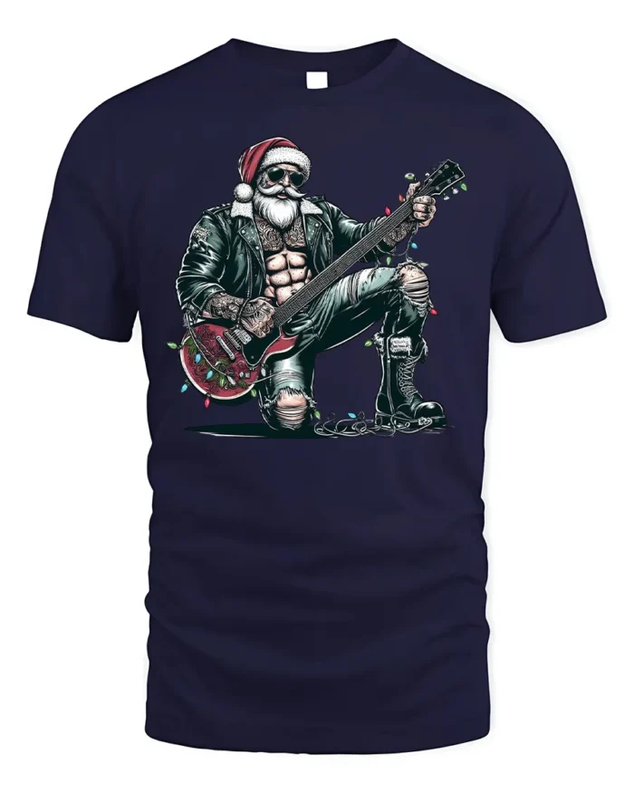 Rockstar Santa Guitar Christmas Holiday Graphic Tshirt - navy t-shirt on white background