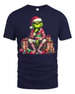 Grumpy Green Santa Christmas Gifts Funny Graphic Tshirt - navy t-shirt on white background