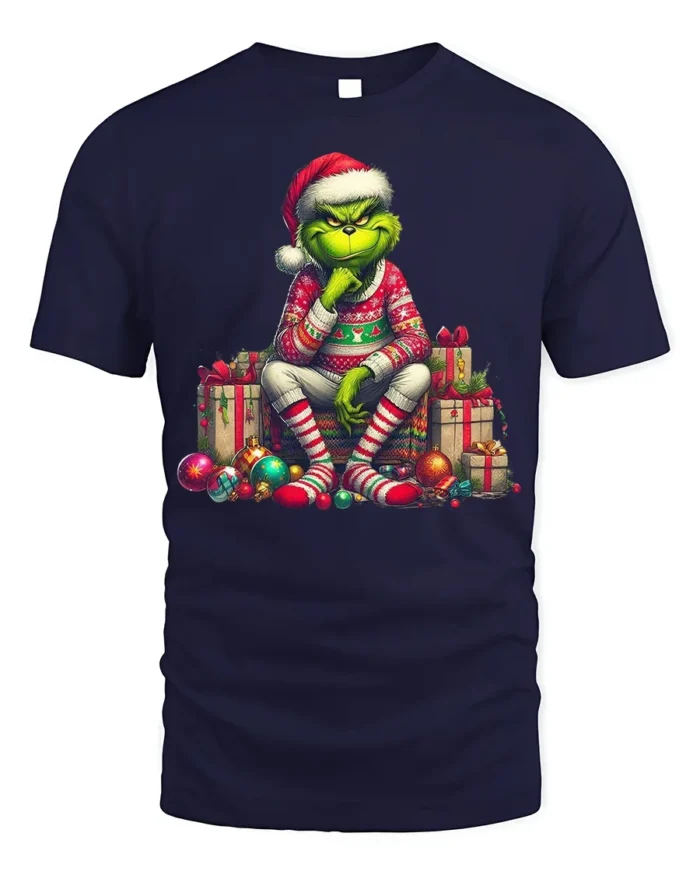Grumpy Green Santa Christmas Gifts Funny Graphic Tshirt - navy t-shirt on white background