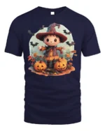 Cute Pumpkin Witch Scarecrow Halloween Graphic Tshirt - navy t-shirt on white background