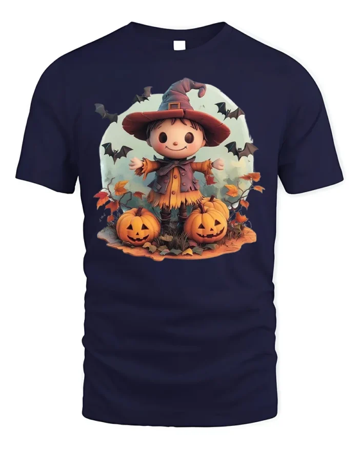 Cute Pumpkin Witch Scarecrow Halloween Graphic Tshirt - navy t-shirt on white background