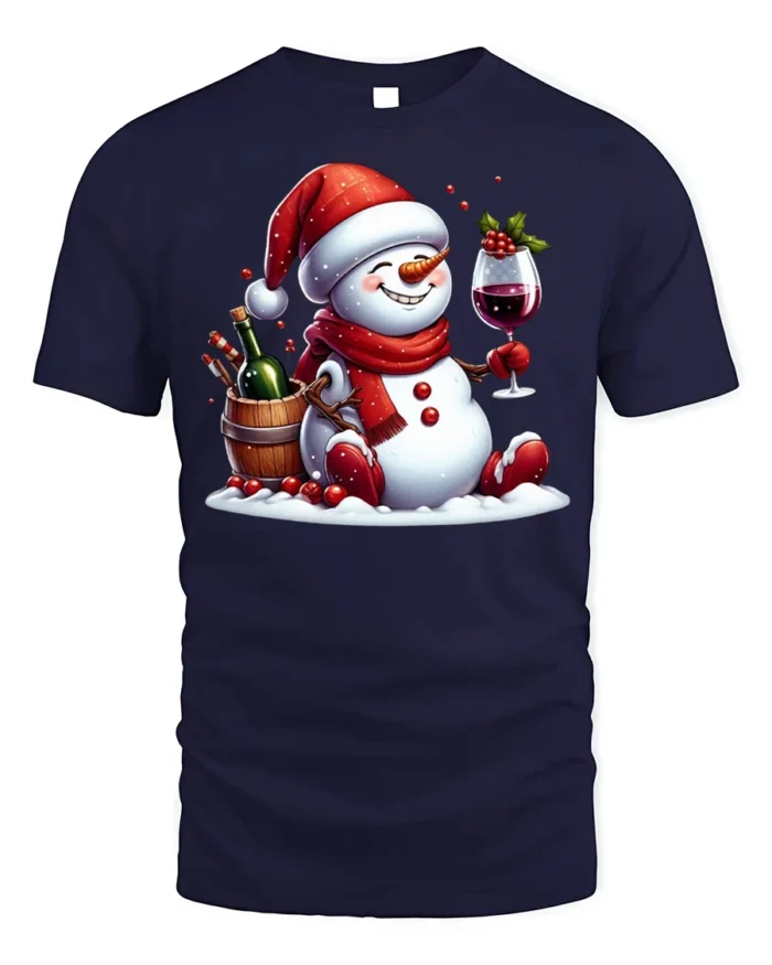 Festive Wine Snowman Christmas Holiday Graphic Tshirt - navy t-shirt on white background