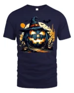 Wicked Pumpkin Witch Moonlight Halloween Graphic Tshirt - navy t-shirt on white background