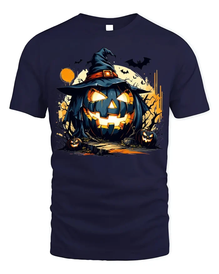 Wicked Pumpkin Witch Moonlight Halloween Graphic Tshirt - navy t-shirt on white background