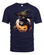 Black Cat Witch Pumpkin Halloween Graphic Tshirt - navy t-shirt on white background