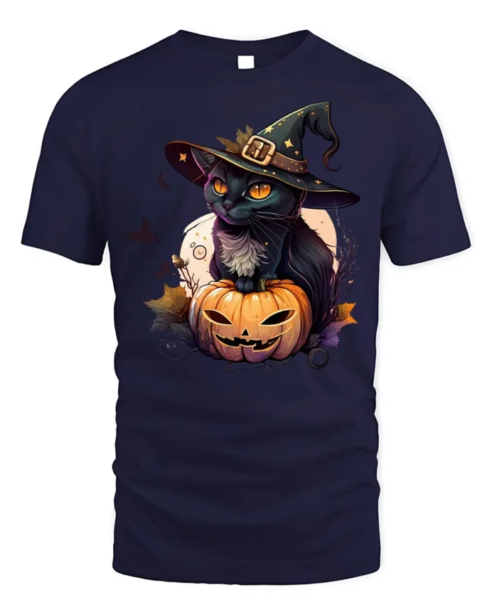Black Cat Witch Pumpkin Halloween Graphic Tshirt - navy t-shirt on white background