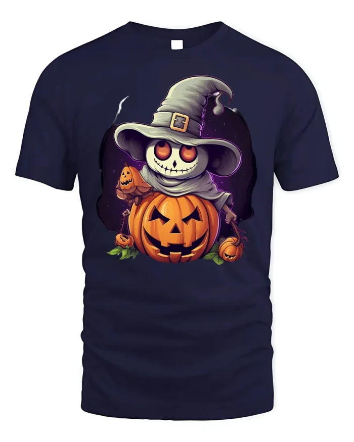 Smiling Pumpkin Skeleton Witch Halloween Graphic Tshirt - navy t-shirt on white background
