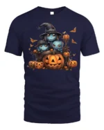 Cute Ghost Family Pumpkin Halloween Graphic Tshirt - navy t-shirt on white background
