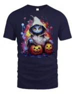 Hooded Ghost Pumpkin Glow Halloween Graphic Tshirt - navy t-shirt on white background