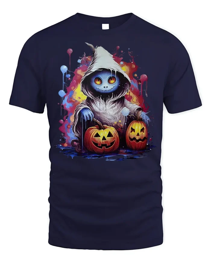 Hooded Ghost Pumpkin Glow Halloween Graphic Tshirt - navy t-shirt on white background