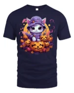 Adorable Kitten Pumpkin Pile Halloween Graphic Tshirt - navy t-shirt on white background