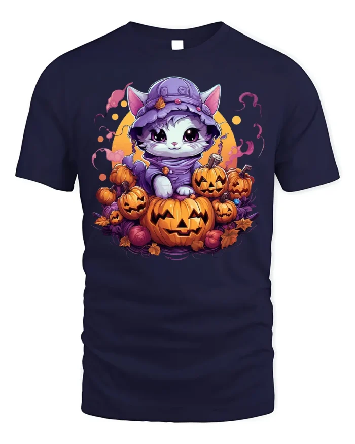 Adorable Kitten Pumpkin Pile Halloween Graphic Tshirt - navy t-shirt on white background