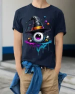 Witch Hat Eyeball Splash Creepy Halloween Graphic Tshirt - model wearing navy shirt, hands in pockets