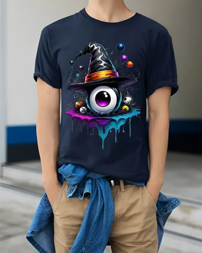 Witch Hat Eyeball Splash Creepy Halloween Graphic Tshirt - model wearing navy shirt, hands in pockets