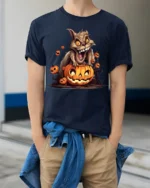Crazy Squirrel Pumpkin Attack Halloween Graphic Tshirt - model wearing navy shirt, hands in pockets
