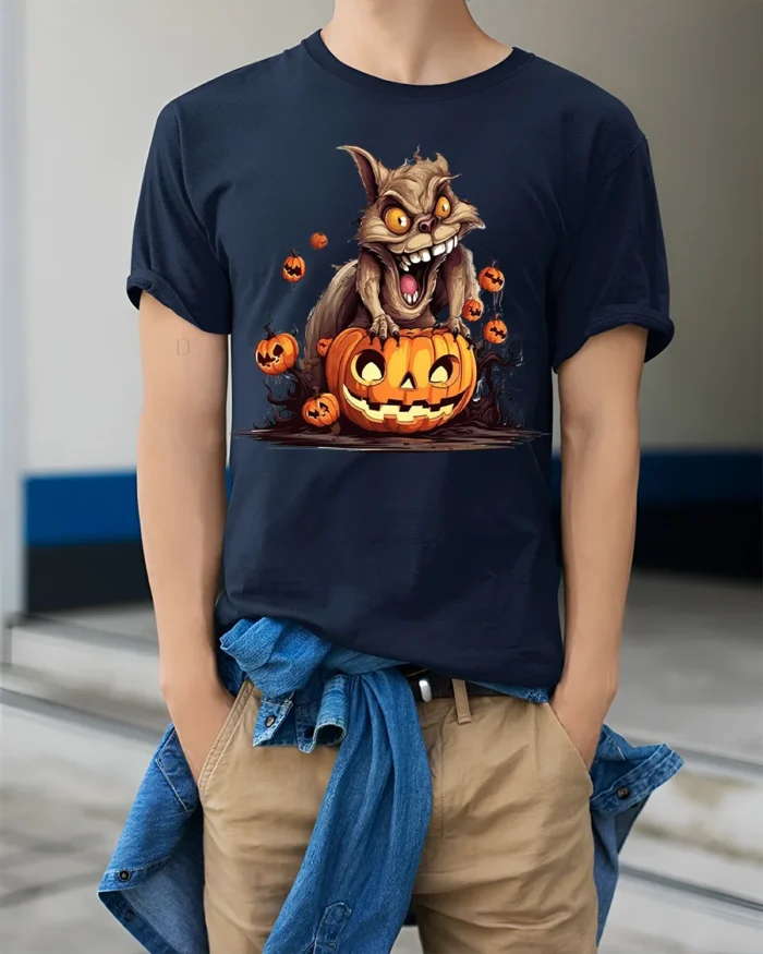 Crazy Squirrel Pumpkin Attack Halloween Graphic Tshirt - model wearing navy shirt, hands in pockets