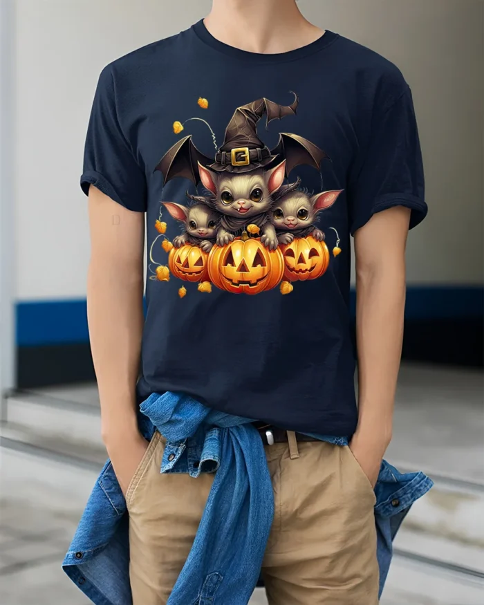 Cute Bat Family Pumpkin Witch Halloween Graphic Tshirt - model wearing navy shirt, hands in pockets