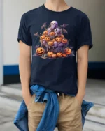 Ghost Pumpkin Pile Haunted Night Halloween Graphic Tshirt - model wearing navy shirt, hands in pockets