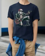 Rockstar Santa Guitar Christmas Holiday Graphic Tshirt - model wearing navy shirt, hands in pockets