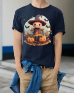 Cute Pumpkin Witch Scarecrow Halloween Graphic Tshirt - model wearing navy shirt, hands in pockets