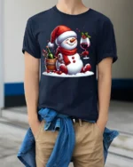 Festive Wine Snowman Christmas Holiday Graphic Tshirt - model wearing navy shirt, hands in pockets