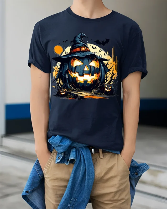 Wicked Pumpkin Witch Moonlight Halloween Graphic Tshirt - model wearing navy shirt, hands in pockets